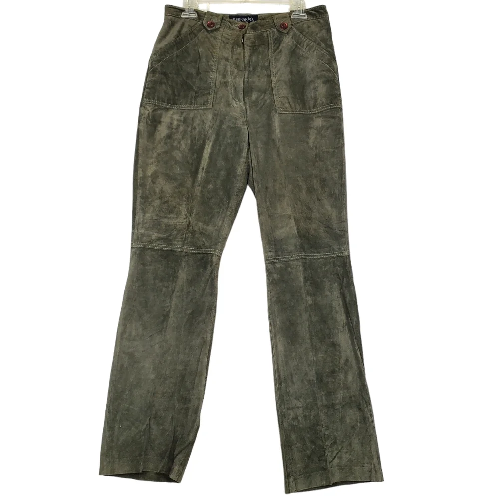 BERNARDO Olive / Sage Green Genuine Suede Leather Wide Leg Pants Sz 10 Vintage